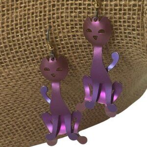 VTG Dangle Earrings Handmade Purple Cat 3D Metal Iridescent Purple